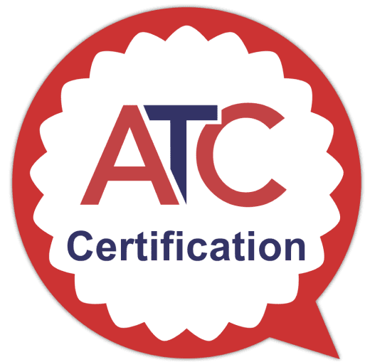 A red and white badge with the text ATC Certification in bold letters.