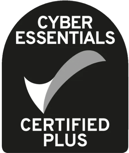 Cyber Essentials Certified Plus logo with a check mark on a black background.