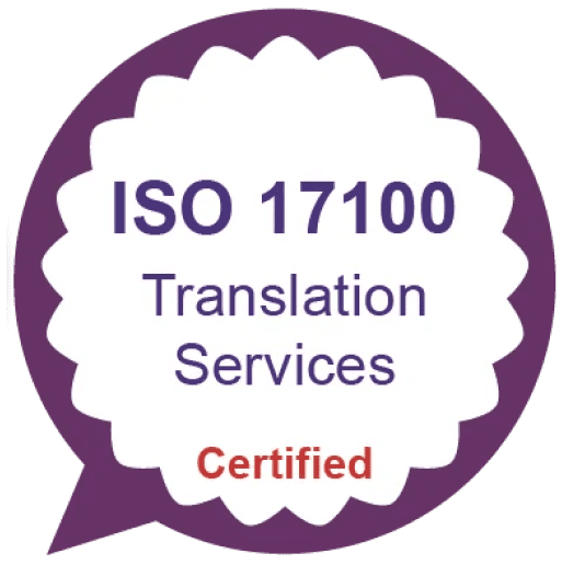 Purple badge reading ISO 17100 Translation Services Certified in white, purple, and red text.
