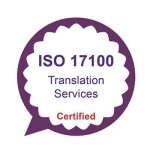 Purple badge with text: ISO 17100 Translation Services Certified in blue and red letters.