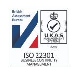 British Assessment Bureau ISO 22301 Business Continuity Management and UKAS Management Systems certification logos.